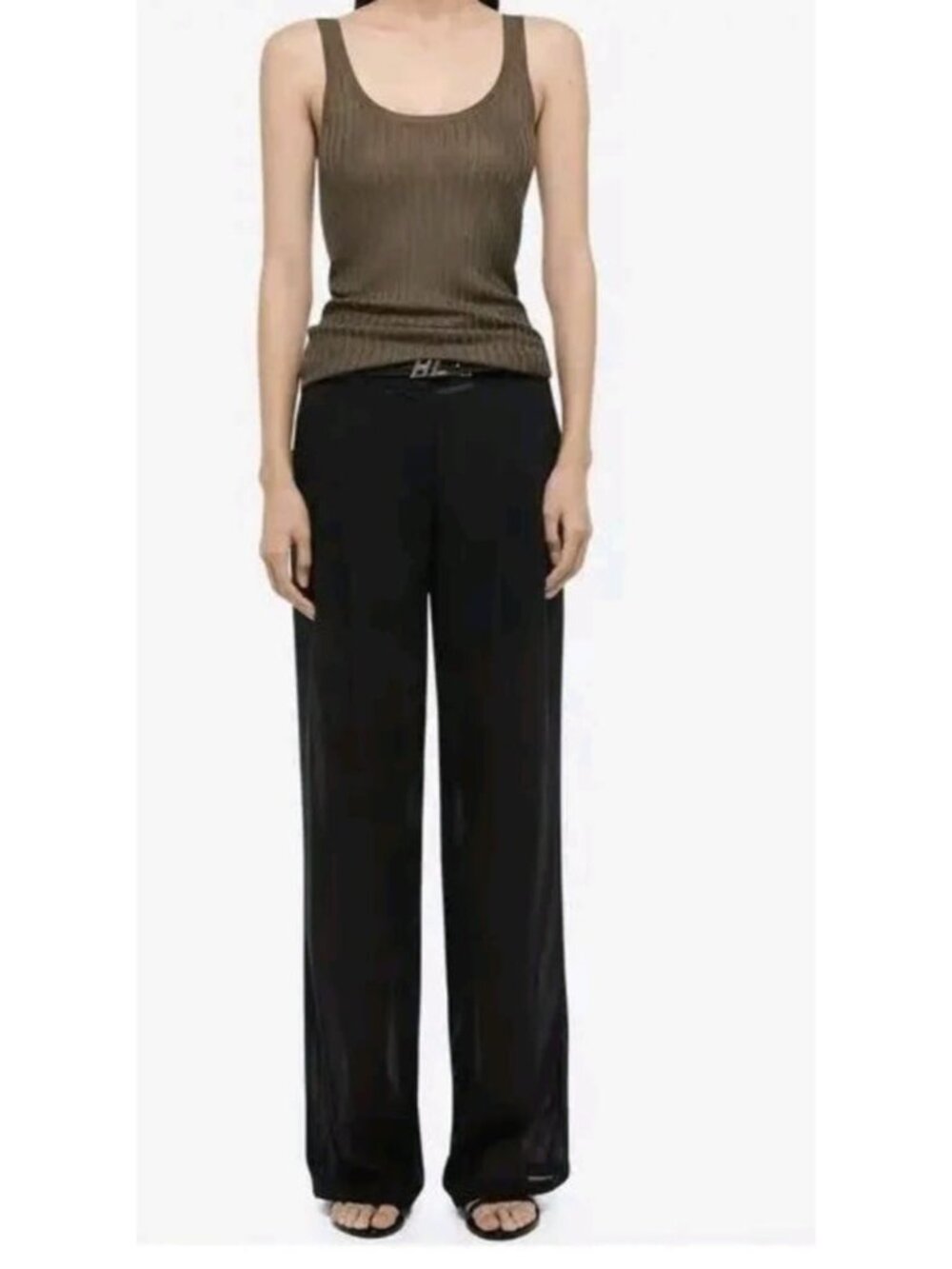 Helmut Lang Womens XS Ribbed Pointelle Tank Top Cognac Sleeveless Knit Italy
